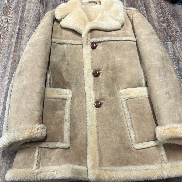 Tan vintage Sawyer of Napa 70s Shearling coat with wool lining